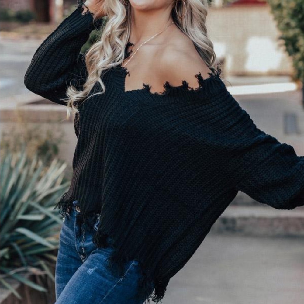 Boho Ripped frayed distressed v neck sweater TAN - Picture 2 of 10